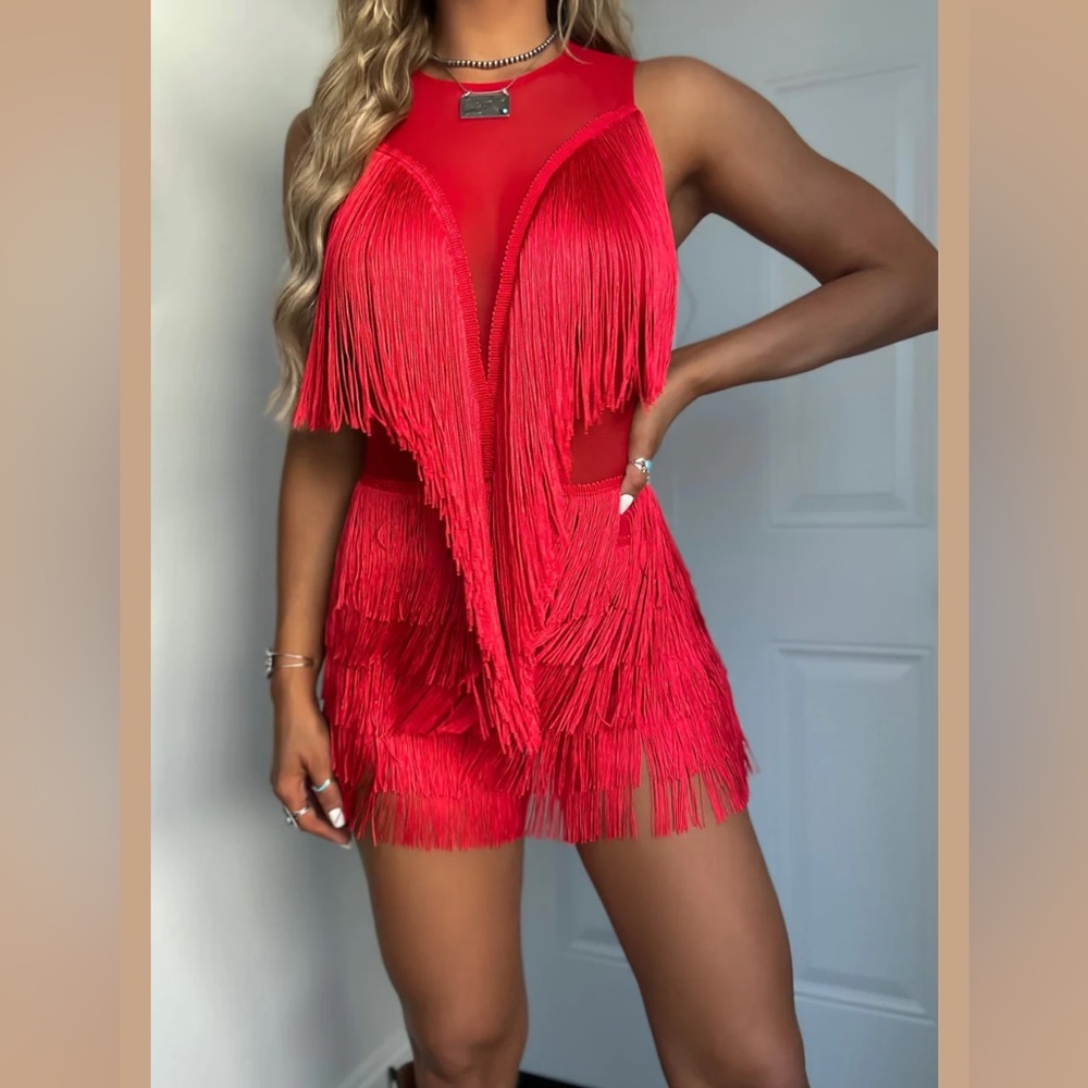 Red Cowboy Crus Fringe Romper